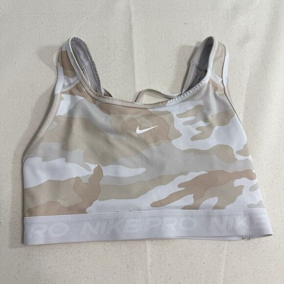 Nike Sports Bra Women Sz M Camo Dri Fit Pro Cross Back Mesh Top Scoop Neck Top - Picture 1 of 6